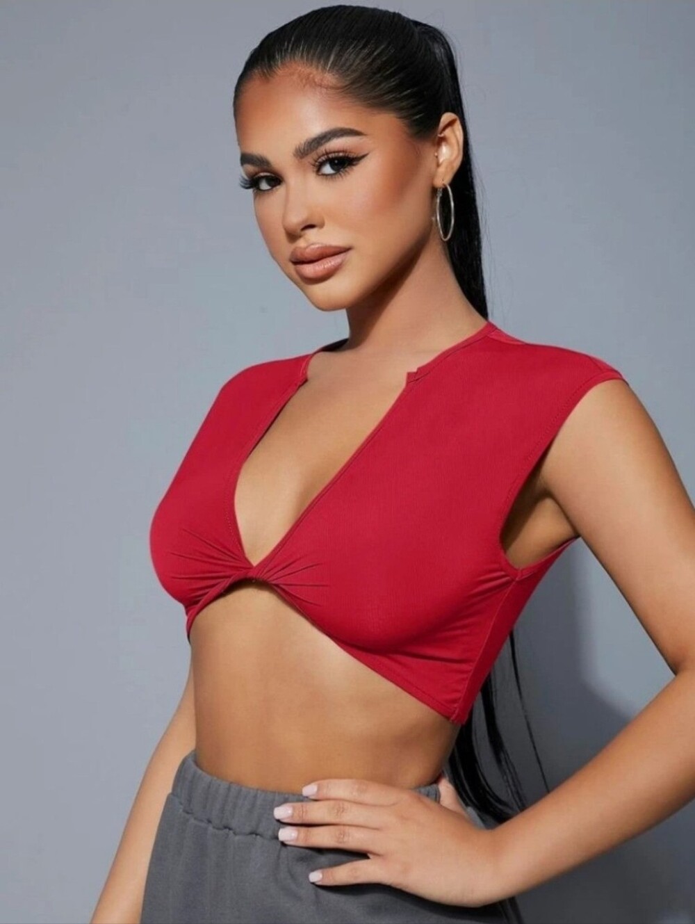 Red Deep V Twist-Front Sleeveless Crop Top - Picture 2 of 3